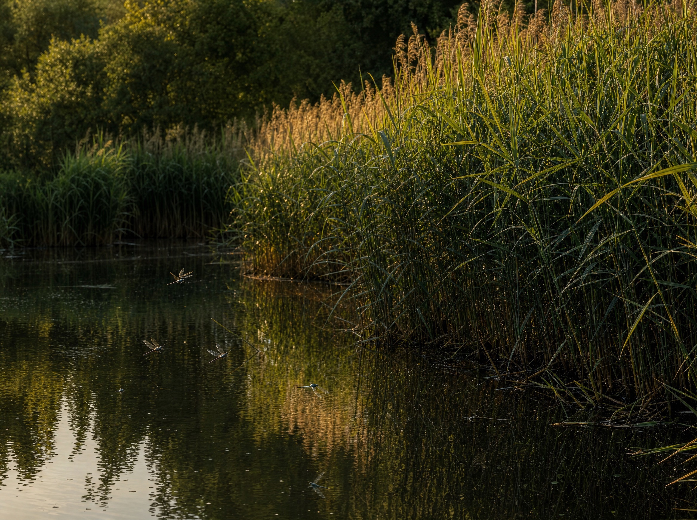 Old Rhein oxbow near Geinsheim with reed belt in evening light
