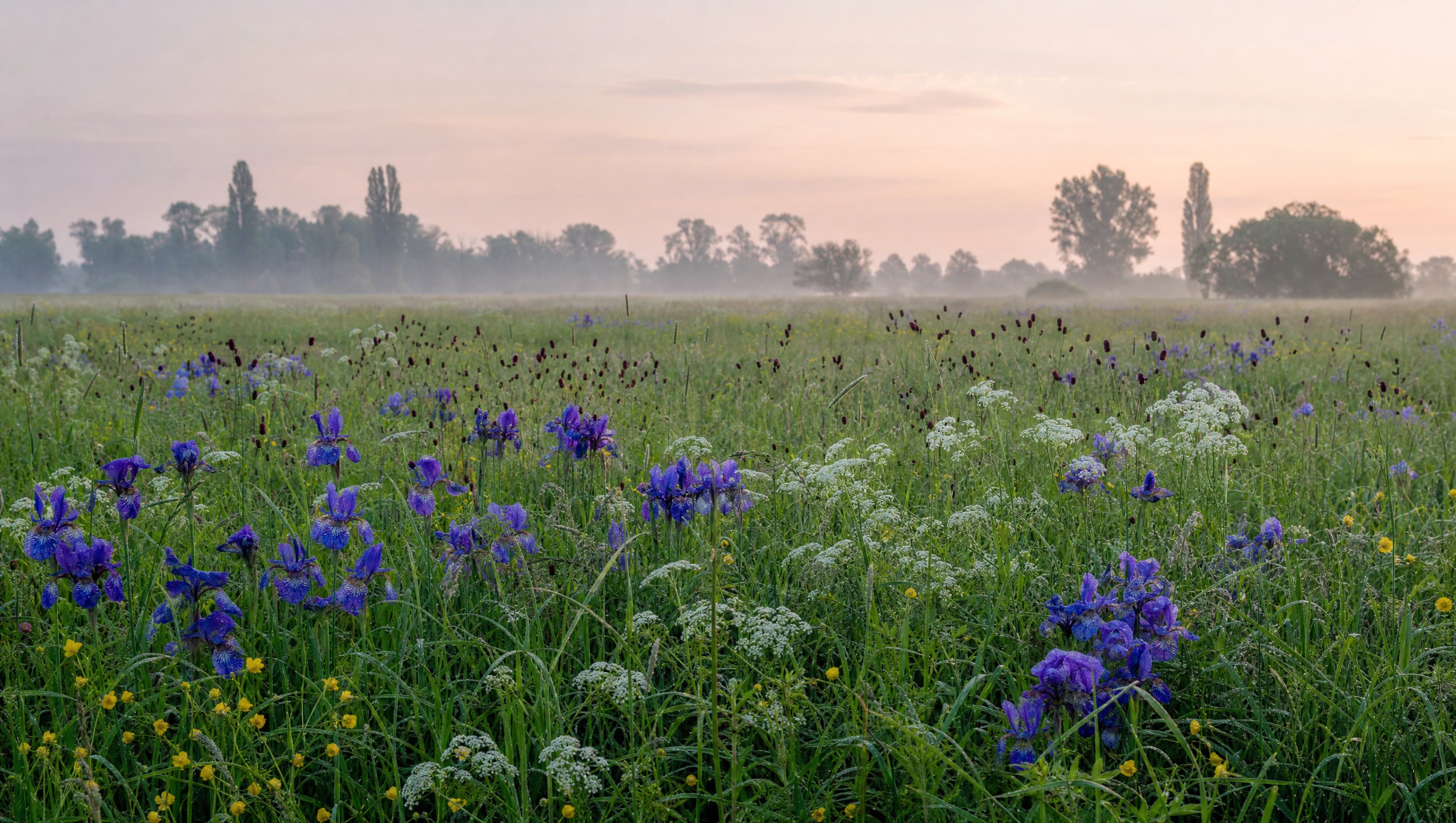 Cnidium dubium floodplain meadow with Iris sibirica in morning fog, typical vegetation of the Wächterstadt Habitats Directive site