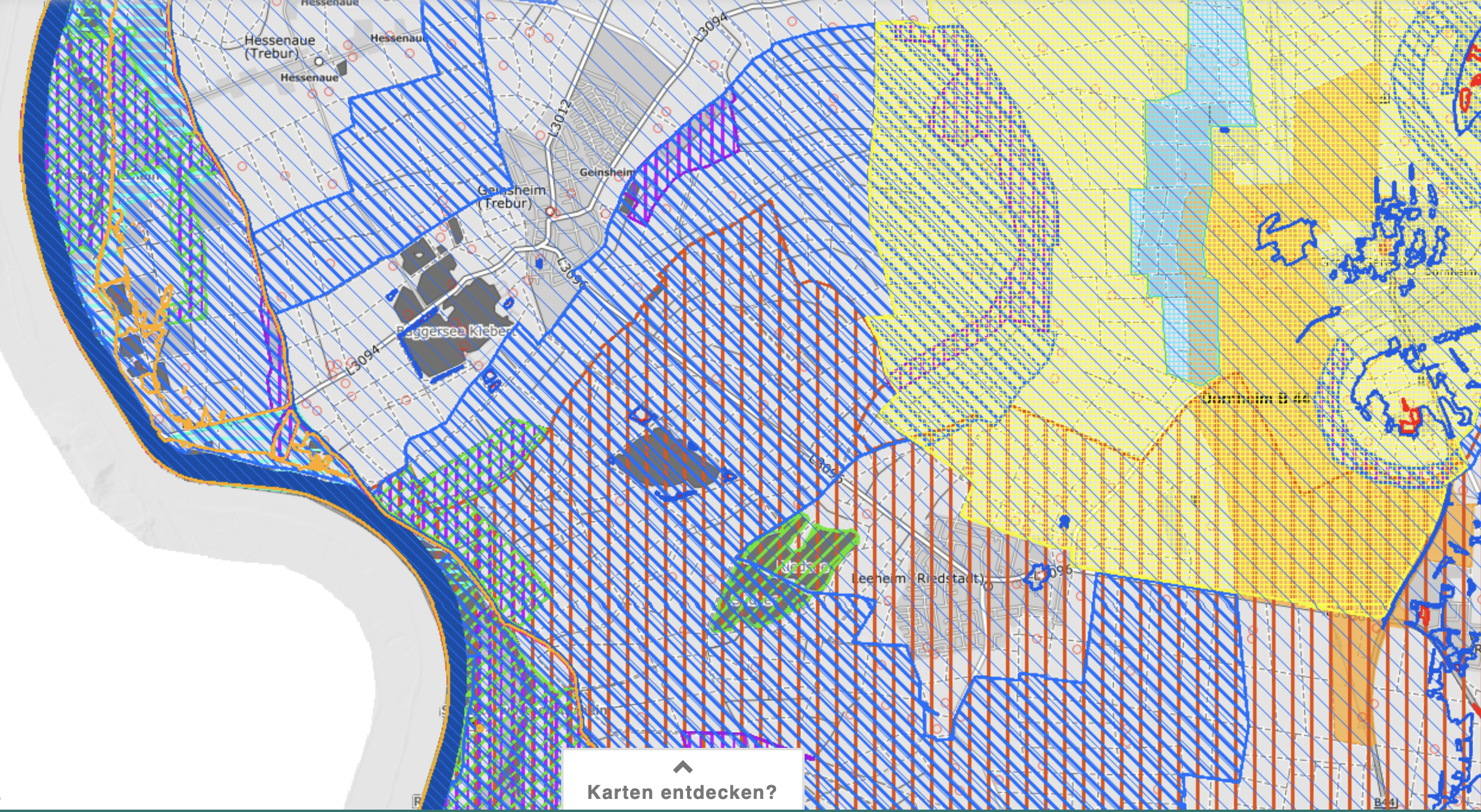 Current map of protected areas around Geinsheim and Trebur, with Habitats Directive and Birds Directive sites